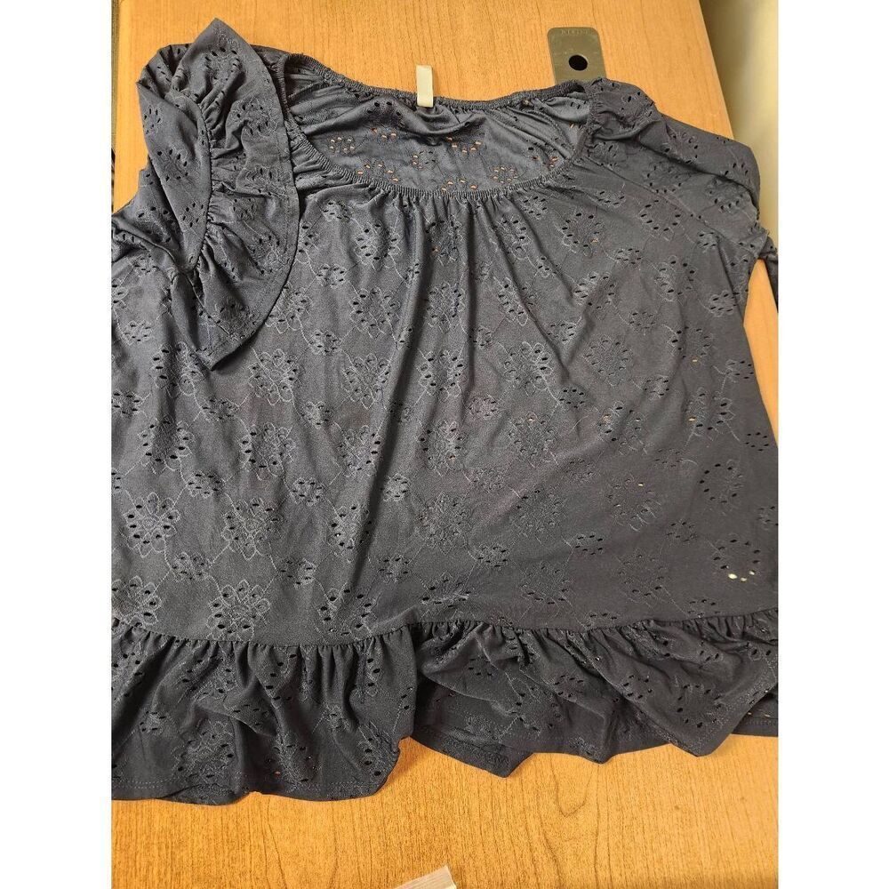 Perseption Top Womens 1X Peasant Eyelet NAVY Short Sleeve Ruffle